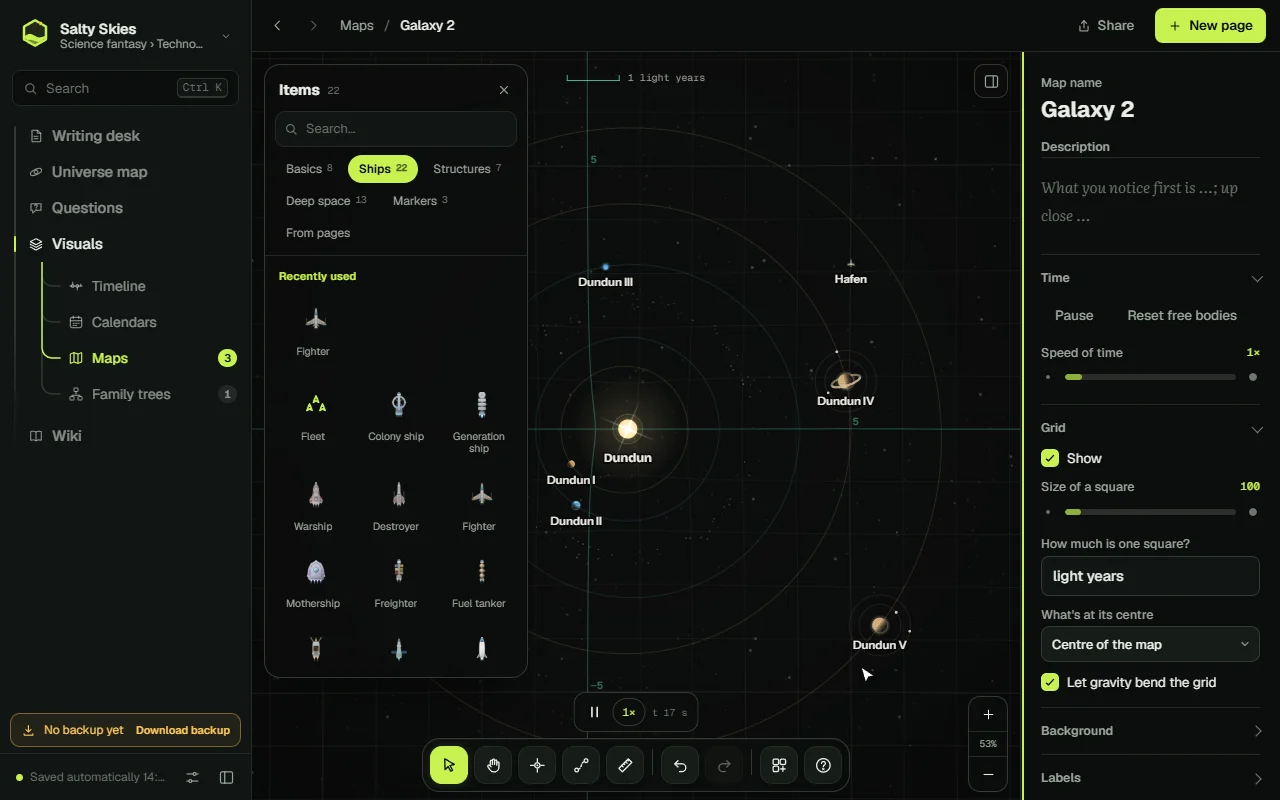 Errator real-time galaxy map with orbiting planets and ships