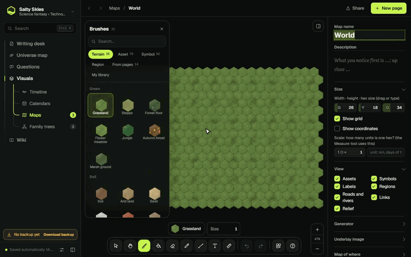 Errator hex world map editor with terrain, rivers and cities