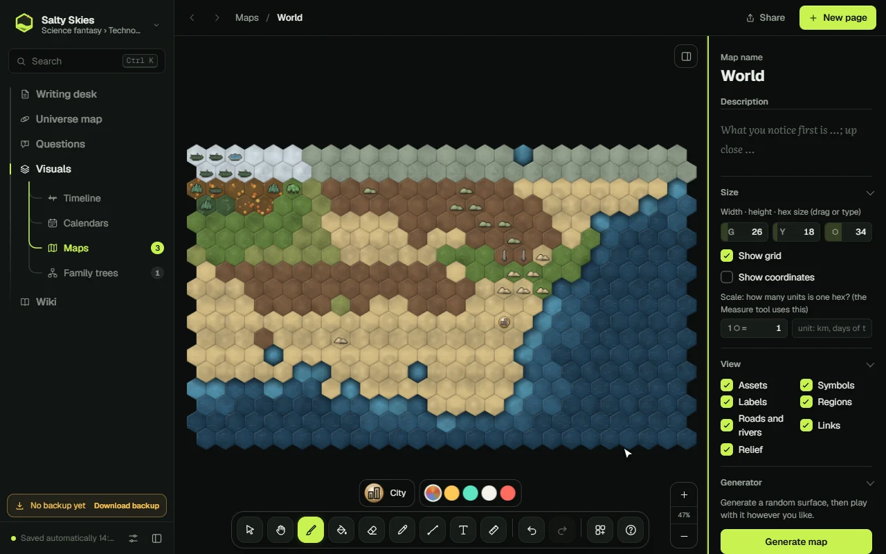 Errator hex world map editor with terrain, rivers and cities